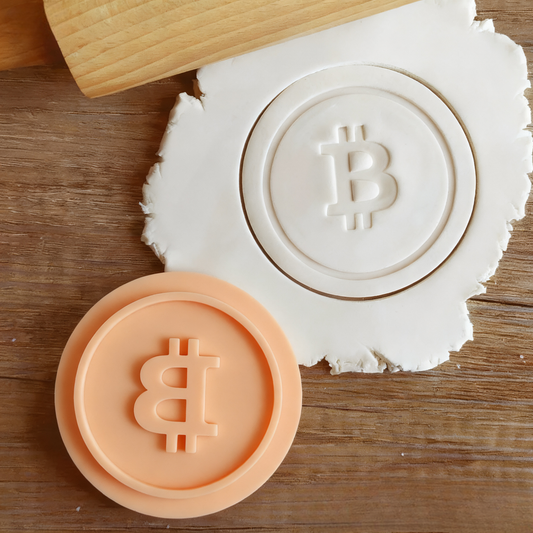 Bitcoin Cookie Cutter with Stamp and Outline, 2.4 Inch PLA Mold with Handle for Cookies, Fondant, and Baking