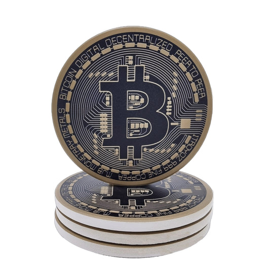 Bitcoin BTC Ceramic Coasters for Drinks Set of 4, Absorbent Cup Coasters with Cork Backing, 4 Inch Cryptocurrency Drink Coaster for Coffee Table, Bar, Home, Office