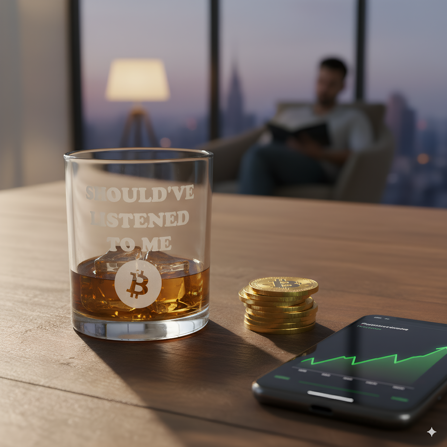 Premium Bitcoin Themed Whiskey Glass Set, Lead-Free Crystal, 11 oz, Novelty Cryptocurrency Design, for Home Bar