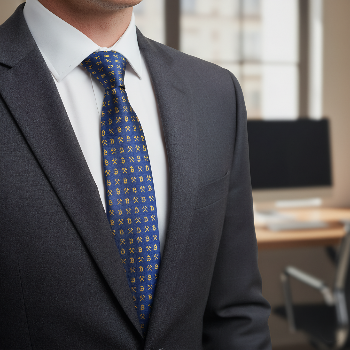 Bitcoin Woven Silk Necktie for Men – Blue & Gold Crypto Pattern Tie with Gift Box