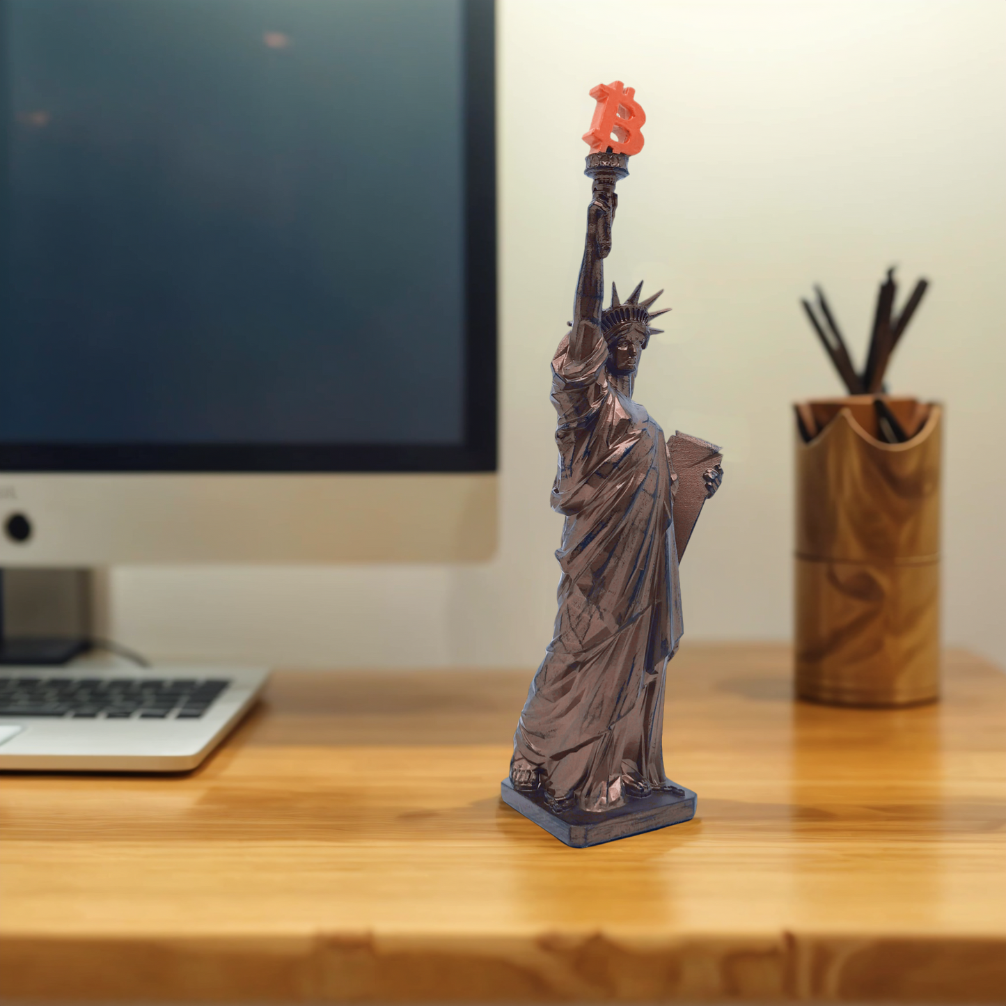 Statue of Liberty with Bitcoin Torch – 10" Resin Sculpture with Cold Cast Bronze Finish, Unique Crypto Art Collectible Decor