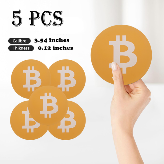 Bitcoin Logo Silicone Drink Coasters, Orange and White, Round 3.54 Inch, Non-Slip Base, Heat-Safe, Waterproof, 5 Piece Set