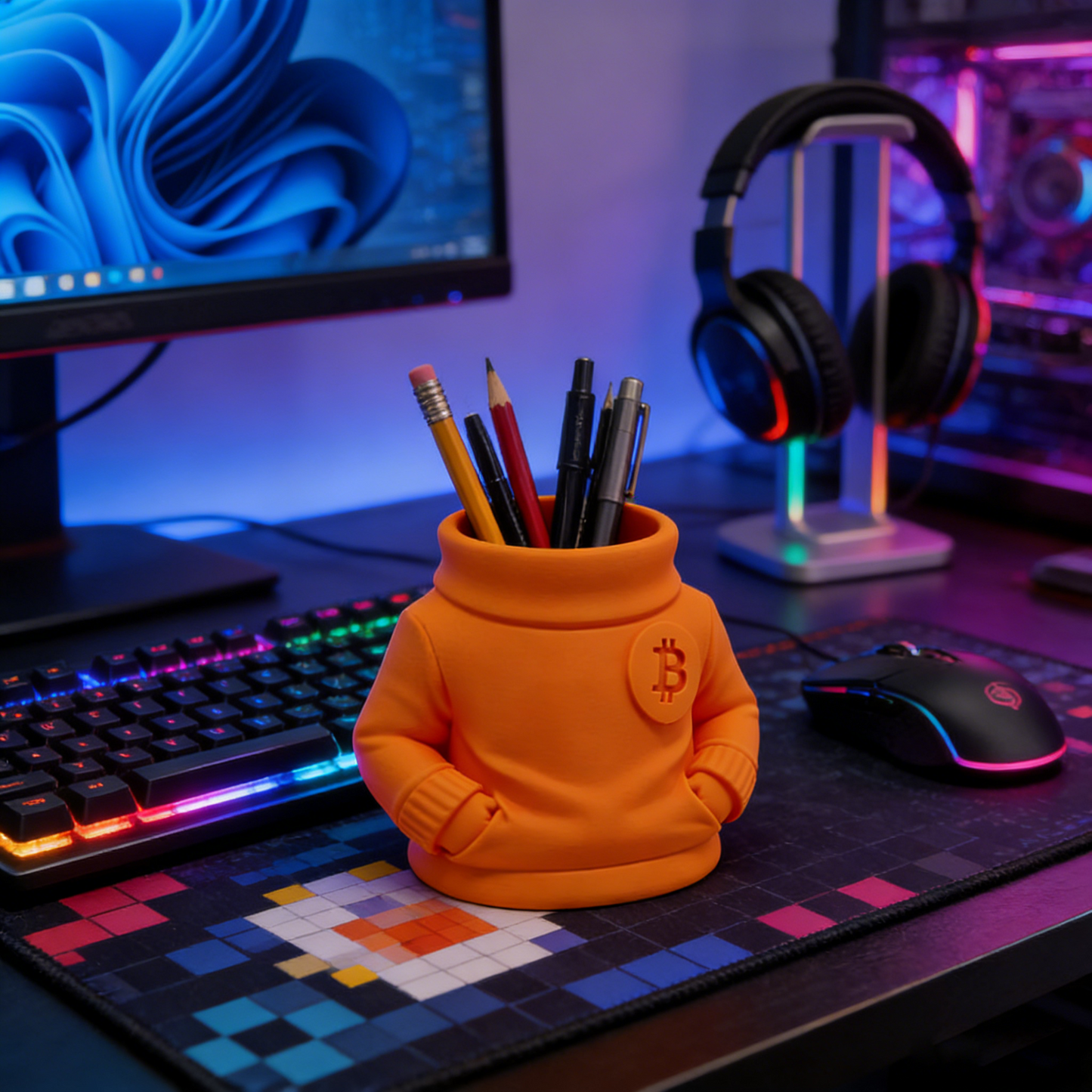 Bitcoin Sweater Pencil Holder – Orange Crypto Desk Organizer