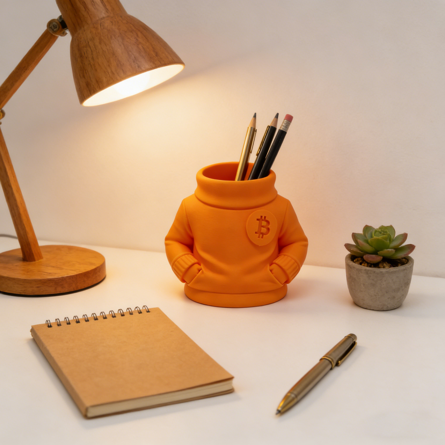 Bitcoin Sweater Pencil Holder – Orange Crypto Desk Organizer