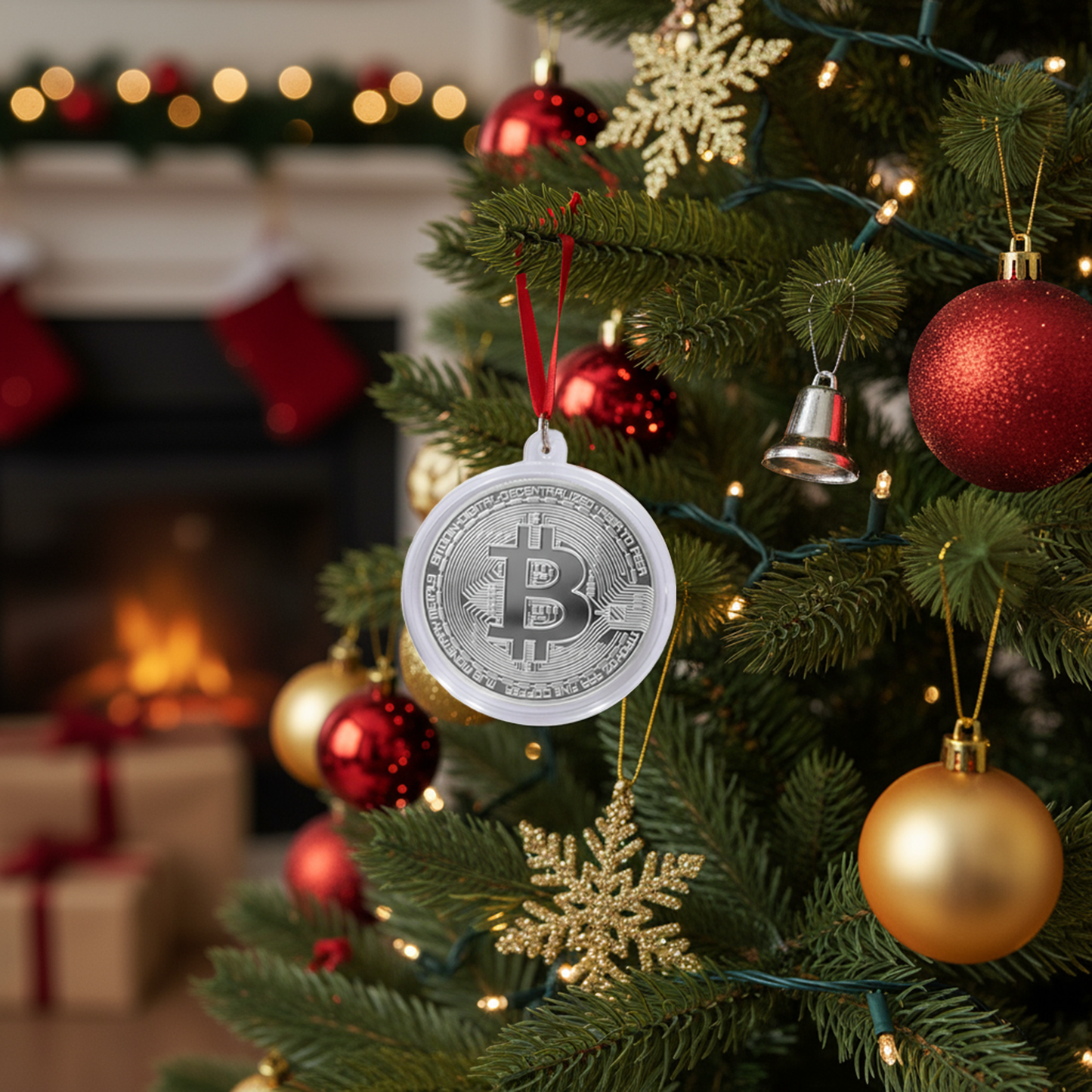 Bitcoin Christmas Ornament Coin – 1.9" Gold or Silver Holiday Tree Decoration with Protective Case