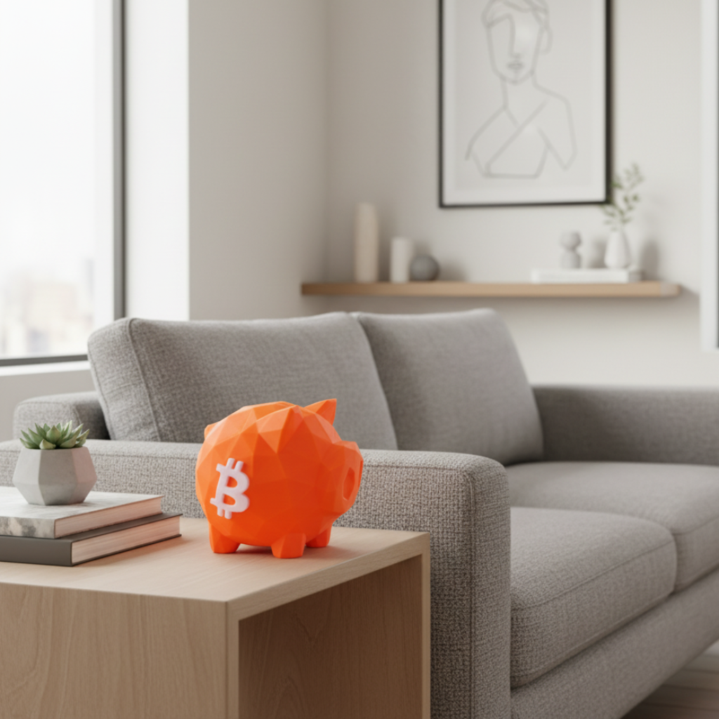 3D Printed Bitcoin Piggy Bank – BTC Logo Coin Savings Bank with Opening Bottom