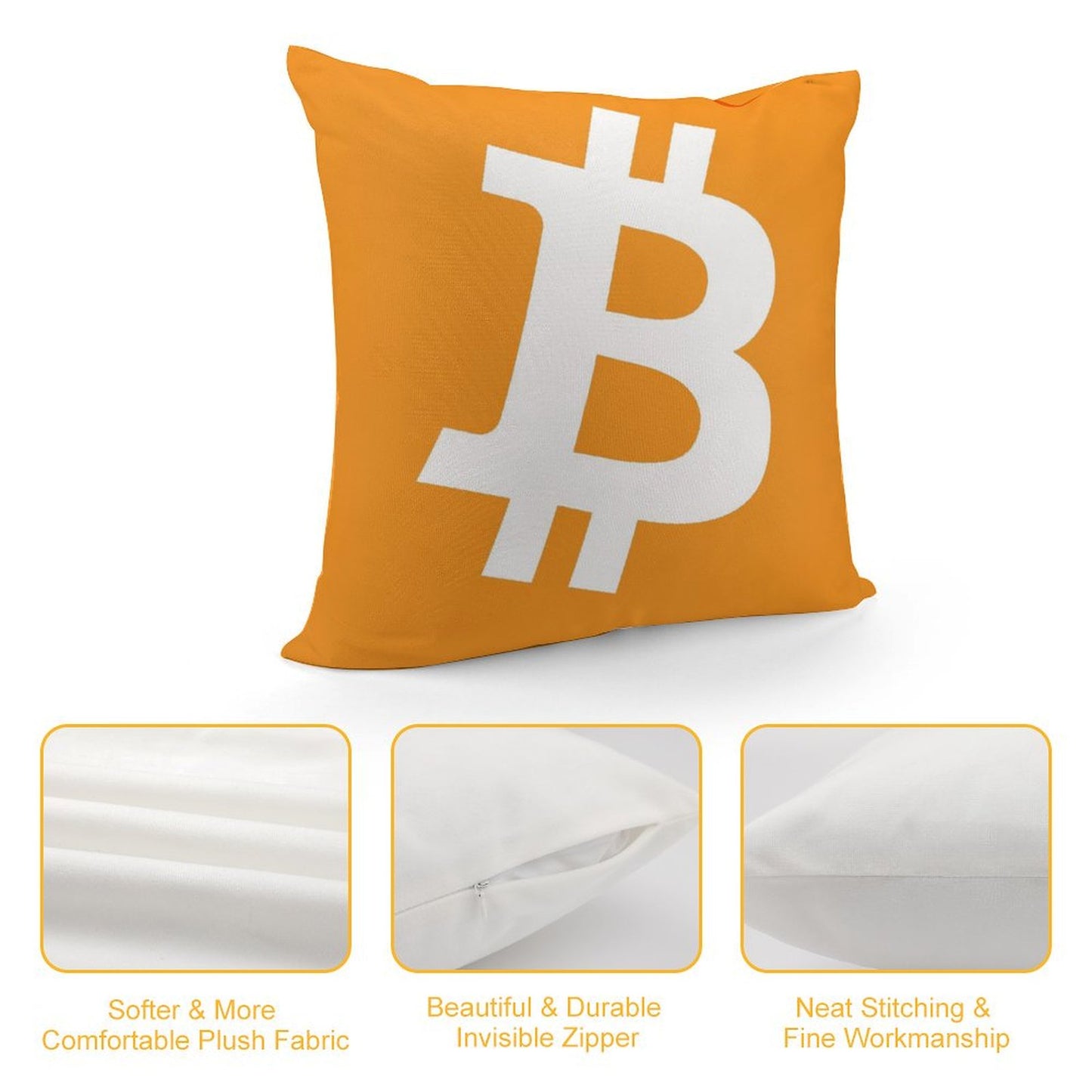Bitcoin Decorative Throw Pillow – 18" x 18" Orange Velvet Pillow with Insert