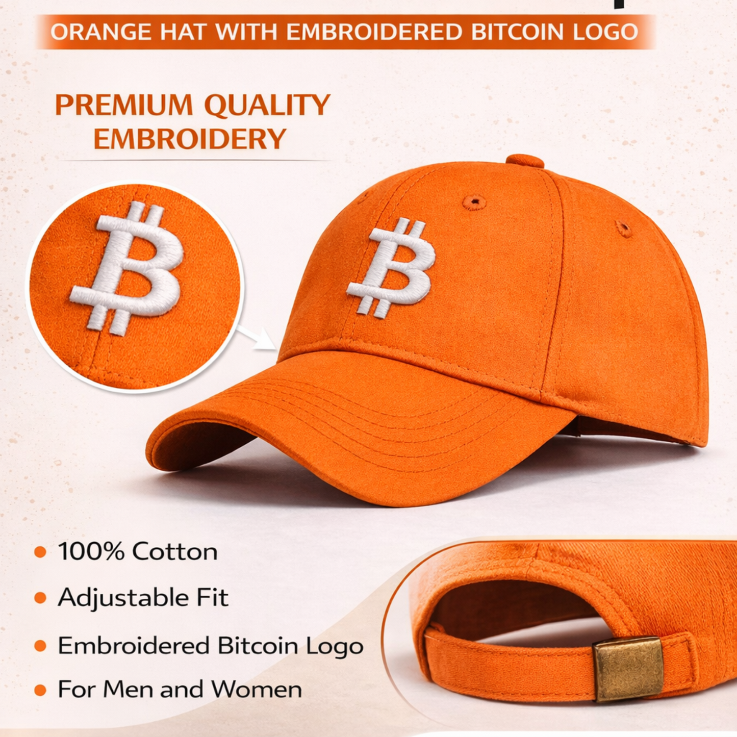 Bitcoin Baseball Cap – Orange Cotton Dad Hat with Embroidered Logo