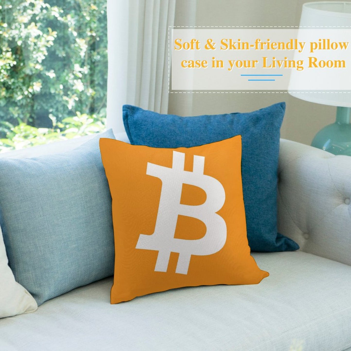 Bitcoin Decorative Throw Pillow – 18" x 18" Orange Velvet Pillow with Insert