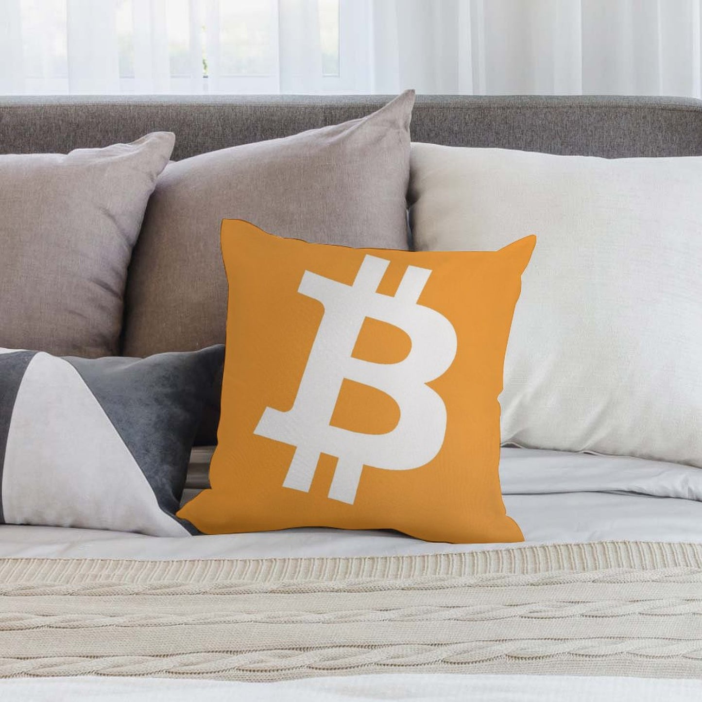 Bitcoin Decorative Throw Pillow – 18" x 18" Orange Velvet Pillow with Insert