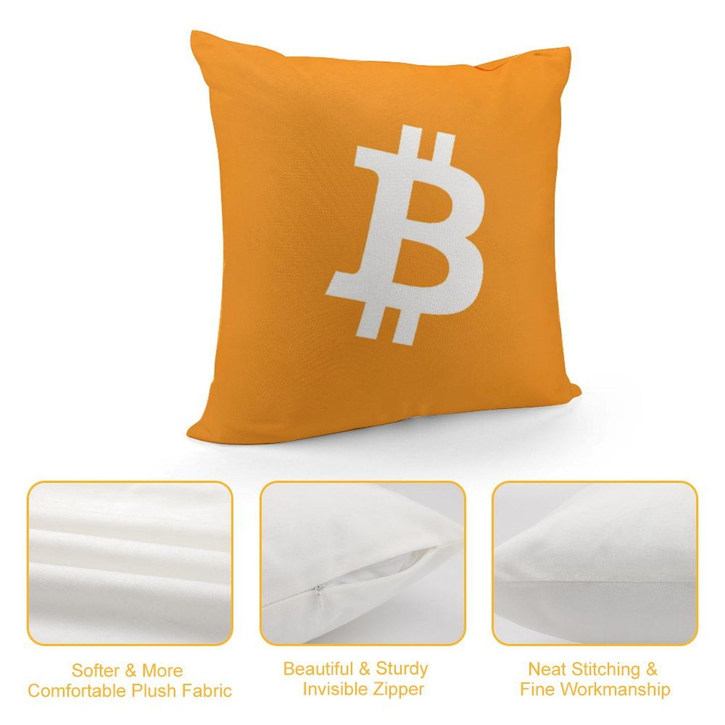 Bitcoin Decorative Throw Pillow Cover, Holland Velvet, 18x18 Inch, Hidden Zipper, Square, Washable, Cryptocurrency Theme