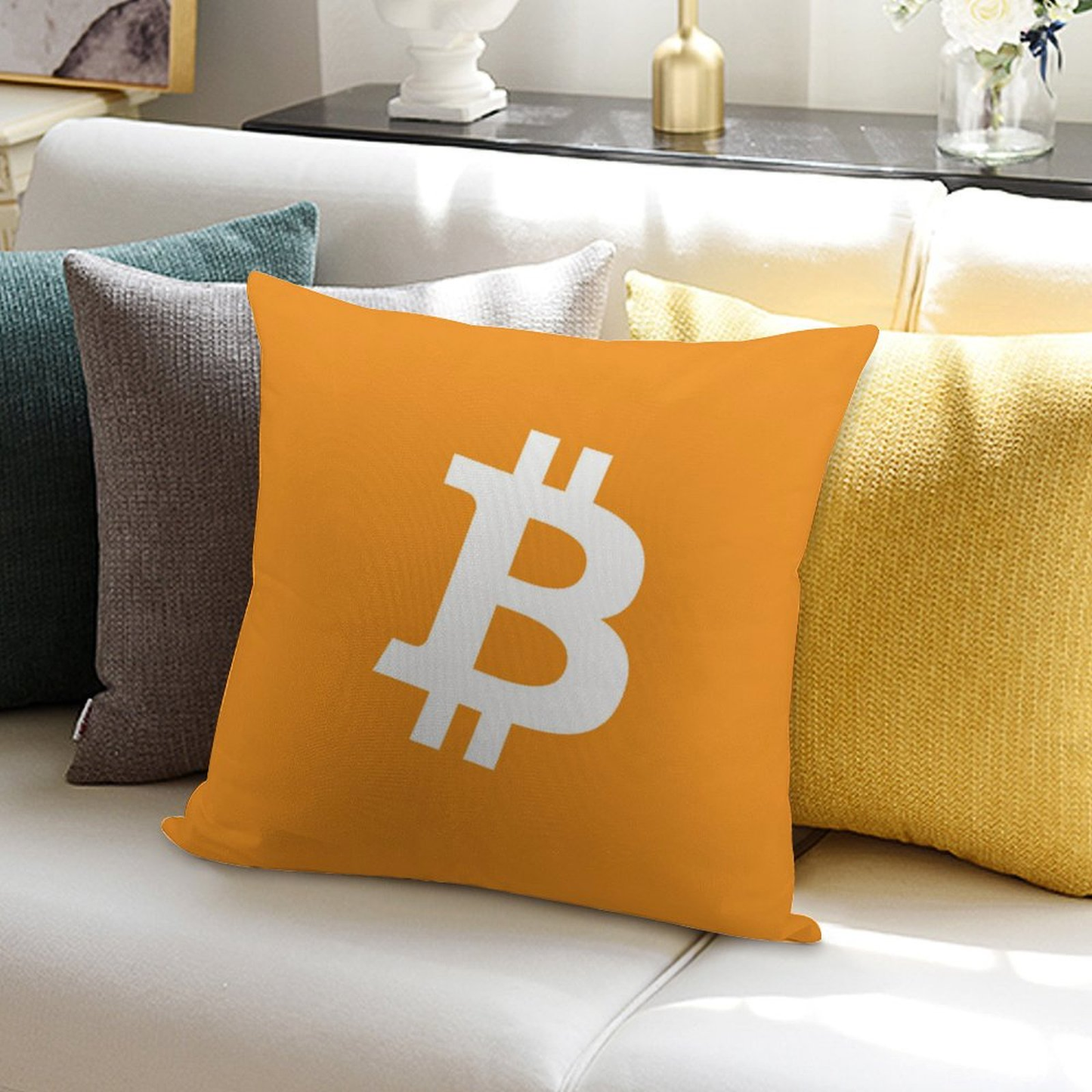 Bitcoin Decorative Throw Pillow Cover, Holland Velvet, 18x18 Inch, Hidden Zipper, Square, Washable, Cryptocurrency Theme