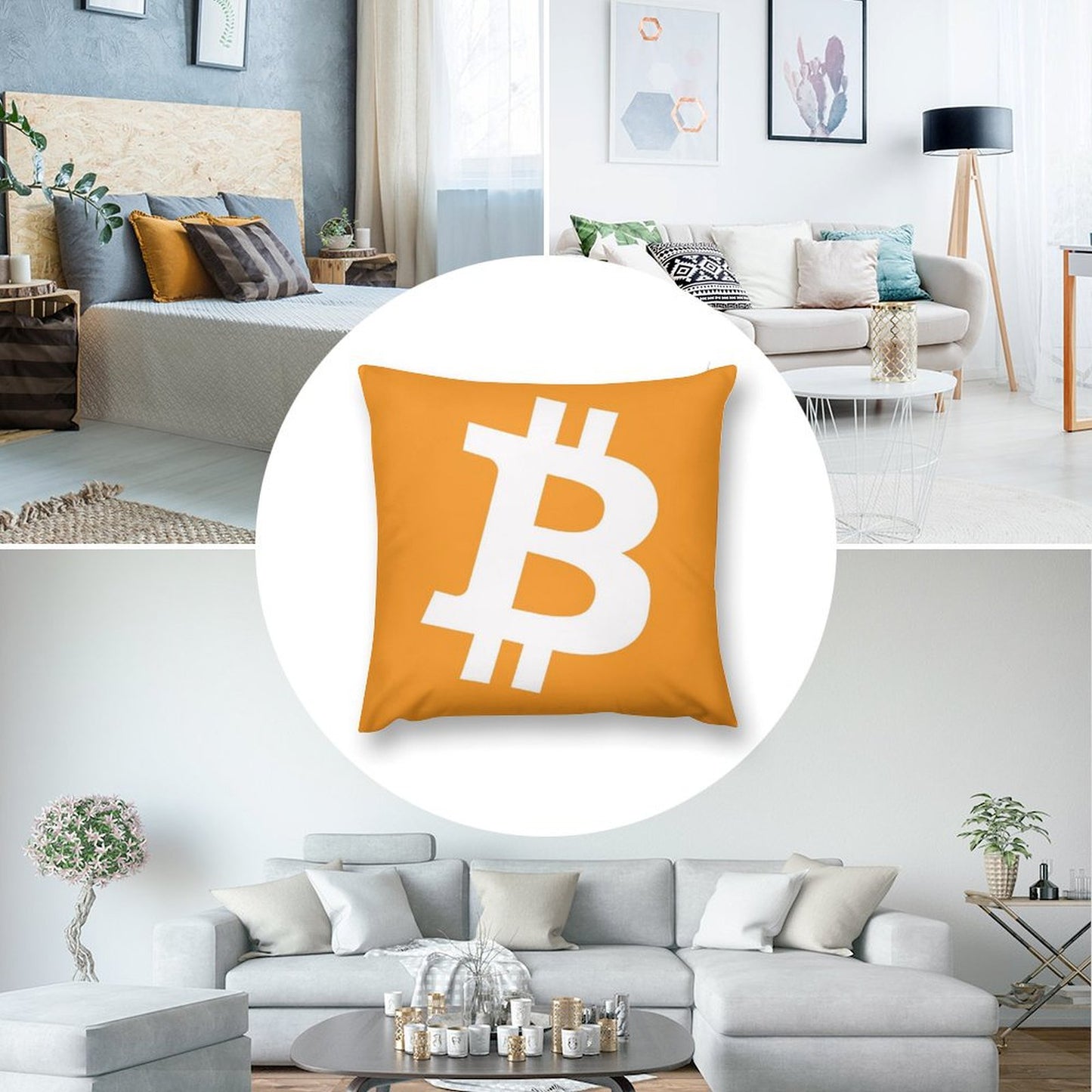 Bitcoin Decorative Throw Pillow – 18" x 18" Orange Velvet Pillow with Insert