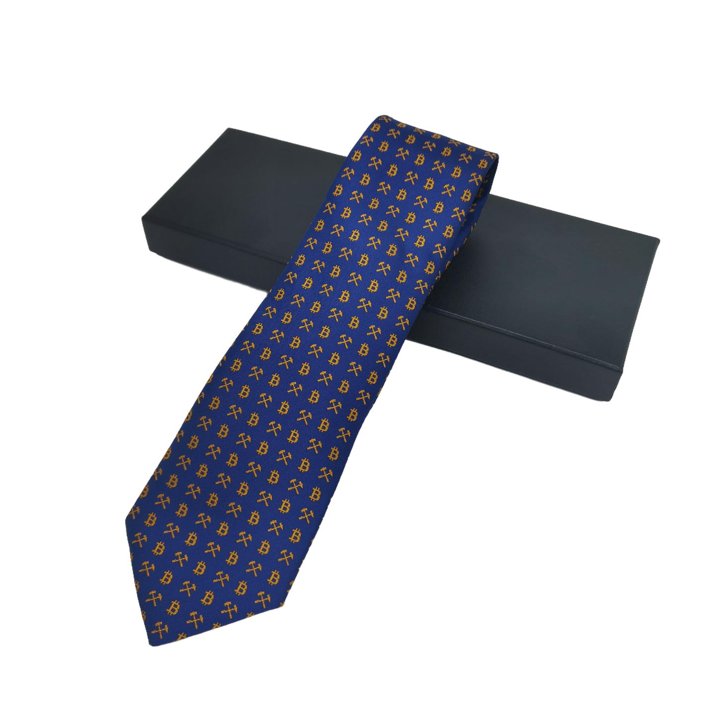 Bitcoin Woven Silk Necktie for Men – Blue & Gold Crypto Pattern Tie with Gift Box