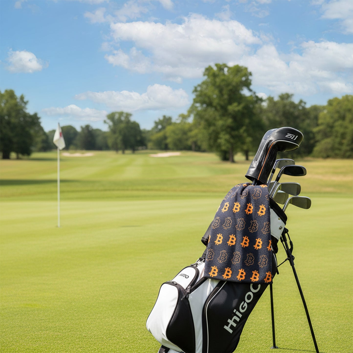 Bitcoin Golf Towel with Metal Clip – Black & White Waffle Microfiber Golf Towel